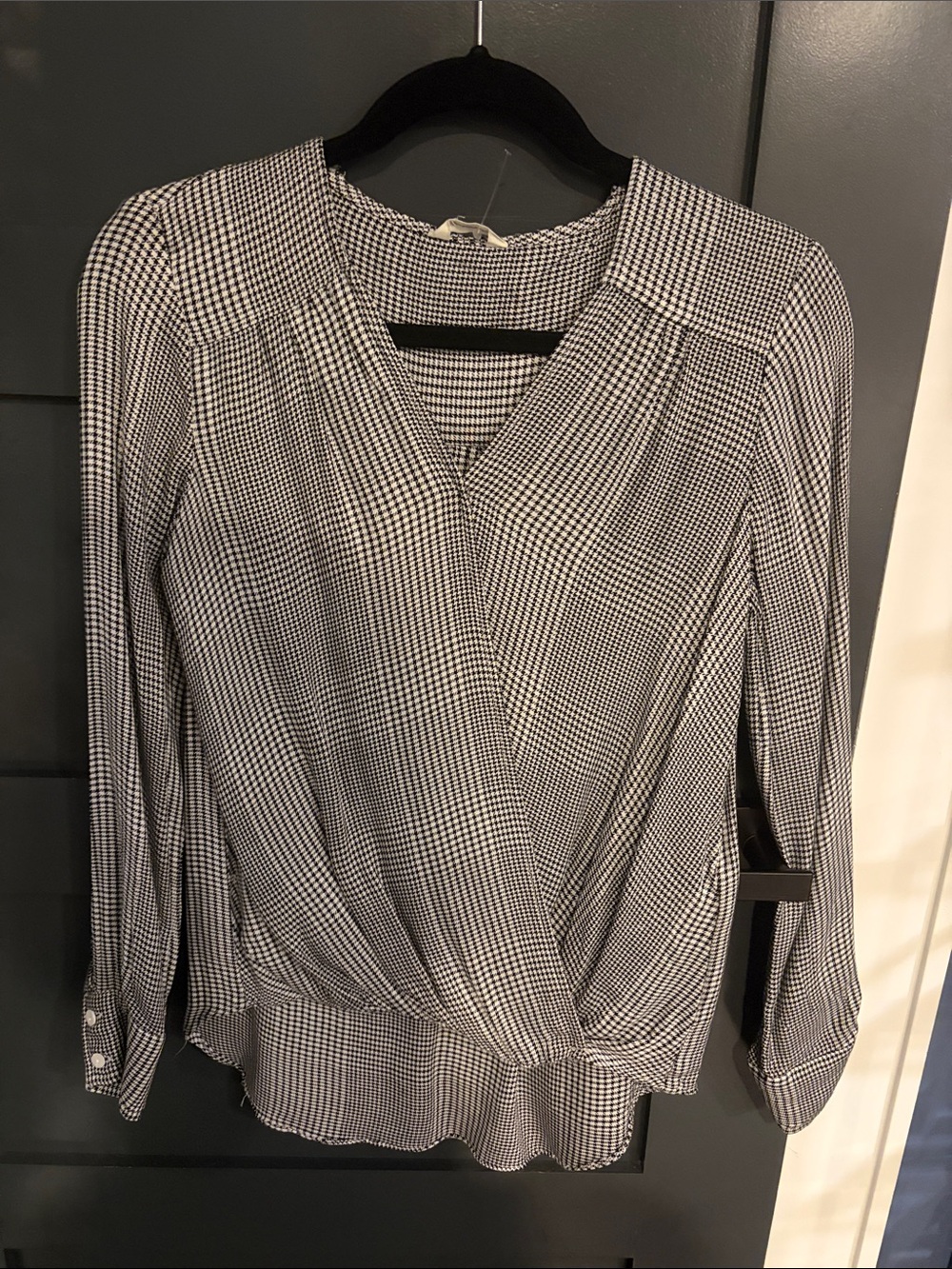 Max Studio Black and White Gingham Wrap-Front Long Sleeve Top